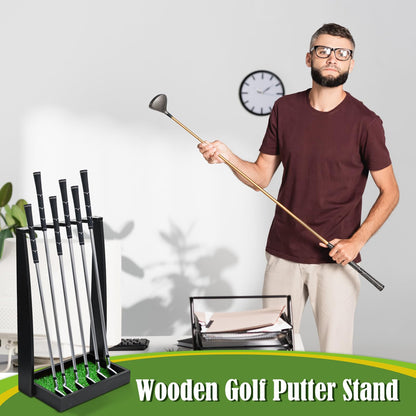Lenwen Holds 6 Clubs Wooden Golf Putter Stand Golf Club Holder Stand Wooden Display Rack Floor Display Rack Club Organizer for Storage Sports Indoor Home Office Simulator Garage (Black)