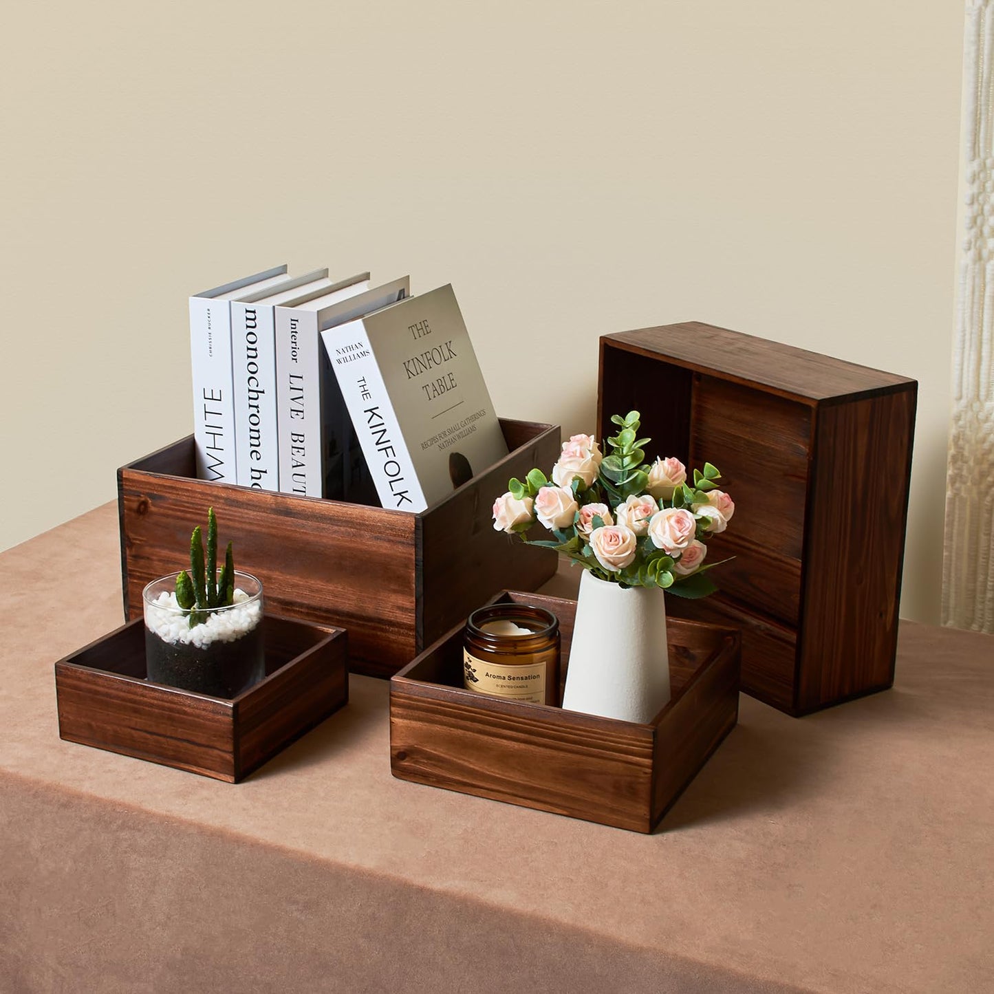 DAOYOUSKY Set of 4 Wooden Rustic Cake and Cupcake Stand Combo, Square Wood Display Stand for Weddings, Cube Party Buffet Table Display Nesting Riser for Dessert, Food , Cookie, Craft Show, Brown