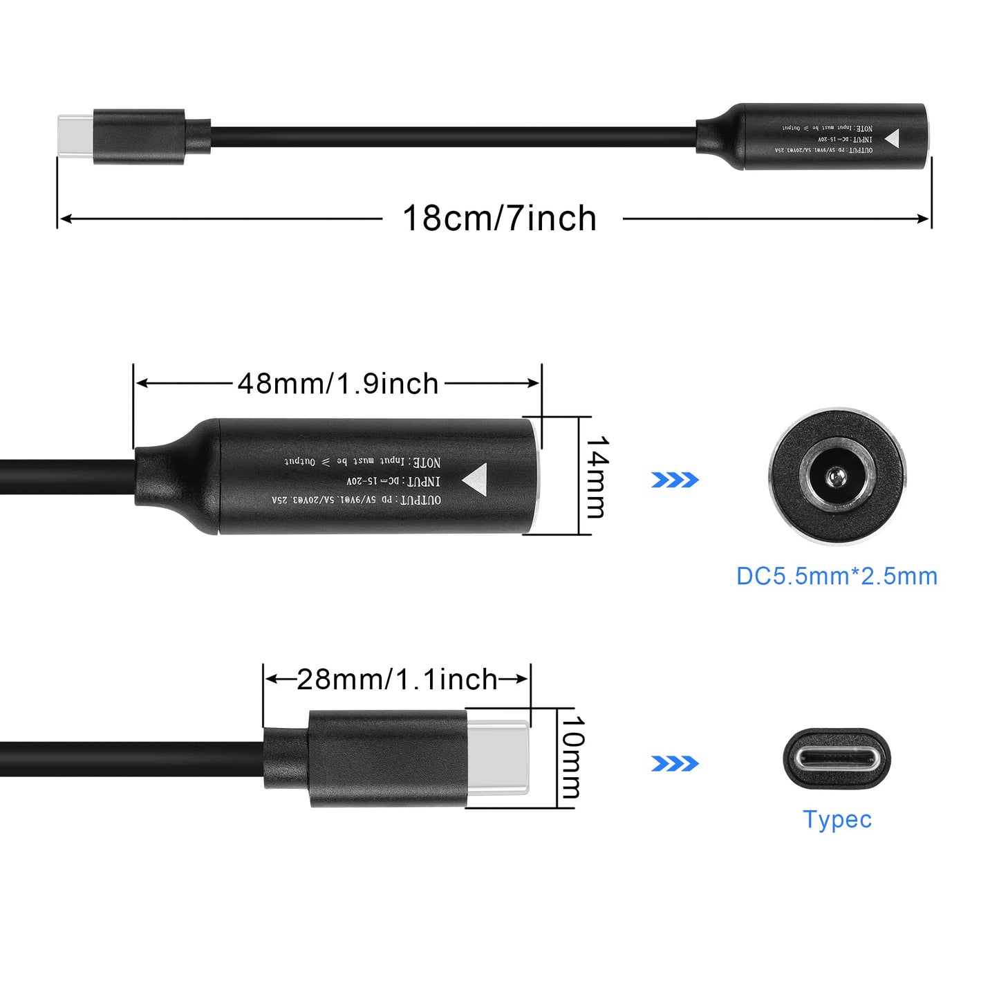 GINTOOYUN PD65W DC5525 to USB-C Charging Cable DC5.5mmx2.5mm Round Female to Type-C Charger Power Adapter Cable for Laptops,Mobile Phones,Tablets, Rechargeables,etc(7Inch)