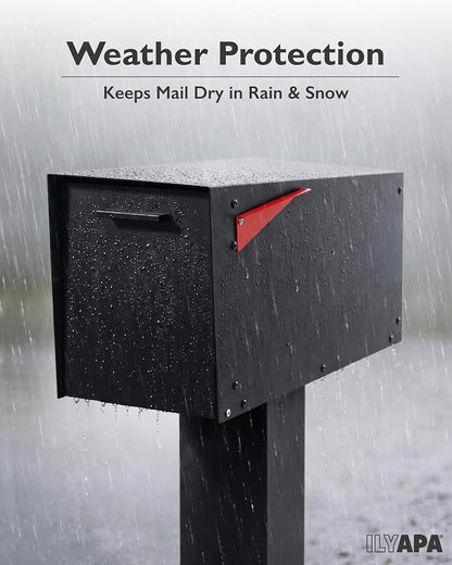 Ilyapa Modern Angle Design Post Mount Modern Mailbox - Black Exterior Powder Coated Steel, All Weather & Corrosion Resistant, Stainless Steel Hinges