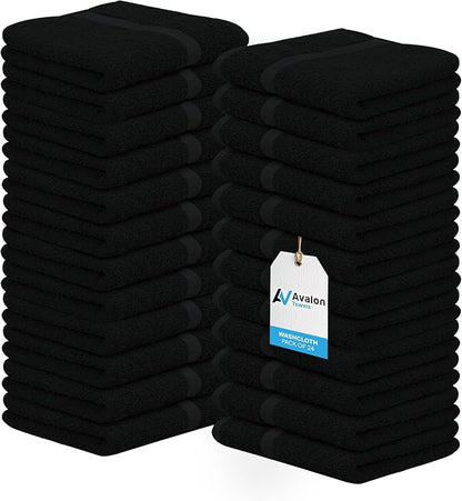 Avalon Towels Cotton Washcloths 24-Pack – 12 x 12 Inch Black Super Soft &