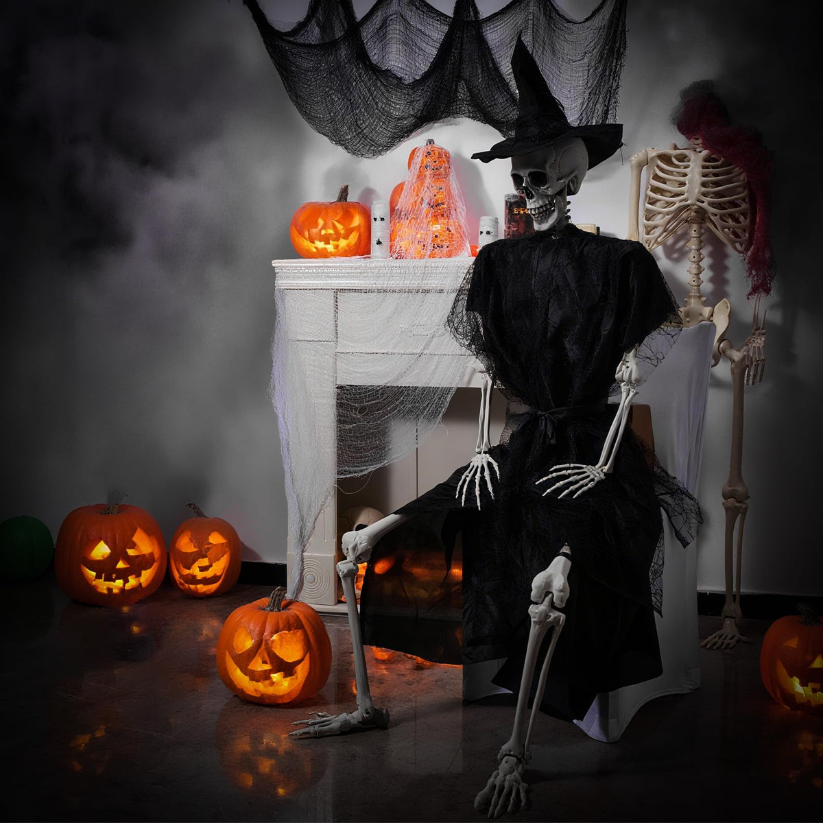 HunnmingRe 1 Set 5.4 ft Halloween Skeleton Decorations Outdoor Posable Life Size Skeleton with Costume Clothing Set and Movable Joints for Halloween Party Yard Haunted House Prop Decor (Witch)