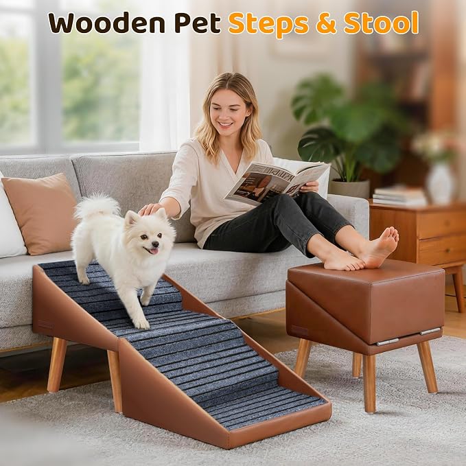 Dog Stairs for Small, Medium, Large Dogs & Cats, 17" H 4‑Step Foldable 2‑in‑1 Wooden Pet Steps with Split Ottoman Design, Non‑Slip Dog Ramp for Couch Bed Sofa for Puppy Senior Injured Pets