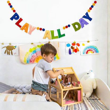 Pre-Strung Retro Play All Day Felt Banner Reusable Play Sign Play All Day Wall Hanging Felt Garland for Kids Nursery Playroom Wall Decor Boys Girls Playhouse Decor Toy Room Classroom Decoration