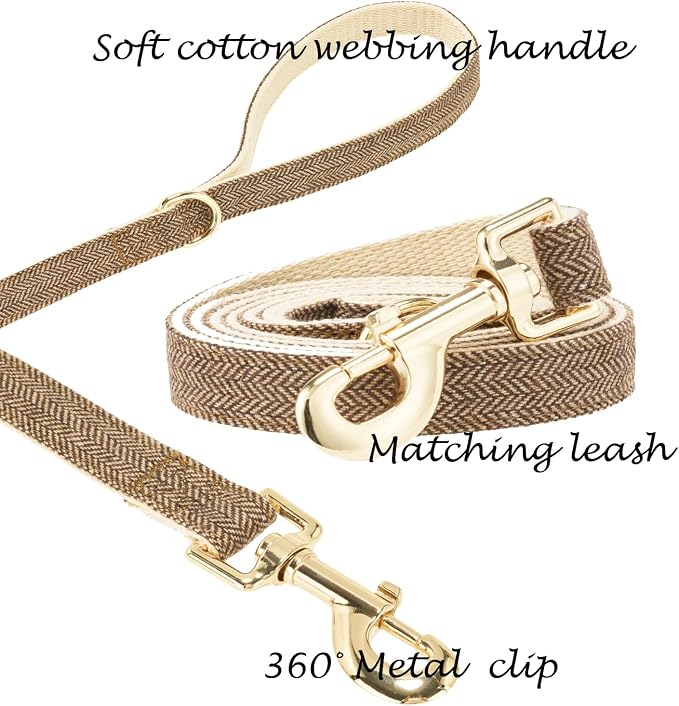 Luxury Soft Cotton Tweed Fabric Dog Collar & Leash Set with Gold Buckle – Durable Fabric, Stylish Design for Everyday Walks(Large Coffee)
