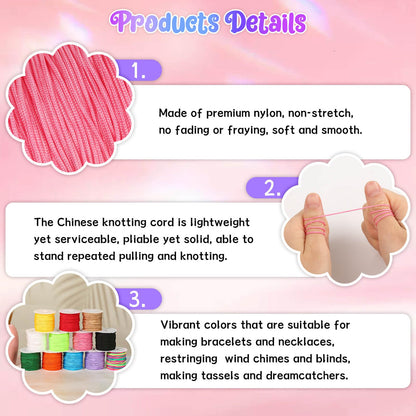 Selizo 12 Rolls Nylon String for Bracelets, Chinese Knotting Nylon Cord for Jewelry Making, Nylon Beading Thread for Kumihimo, Braided Bracelets, Necklaces, Macrame Craft, Wind Chime