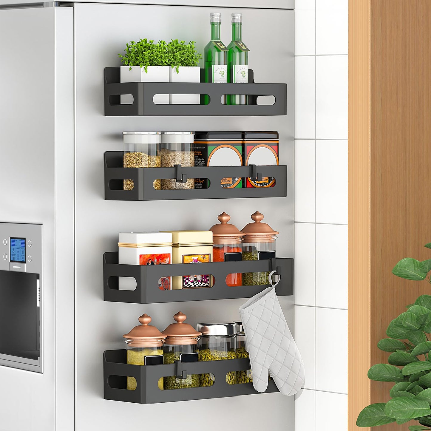 Sevenblue 4 Pack Magnetic Spice Rack for Refrigerator, Spice Rack Organizer, Moveable Magnetic Shelf Fridge Organizer with 4 Hooks for Kitchen and Oven Organization, Black