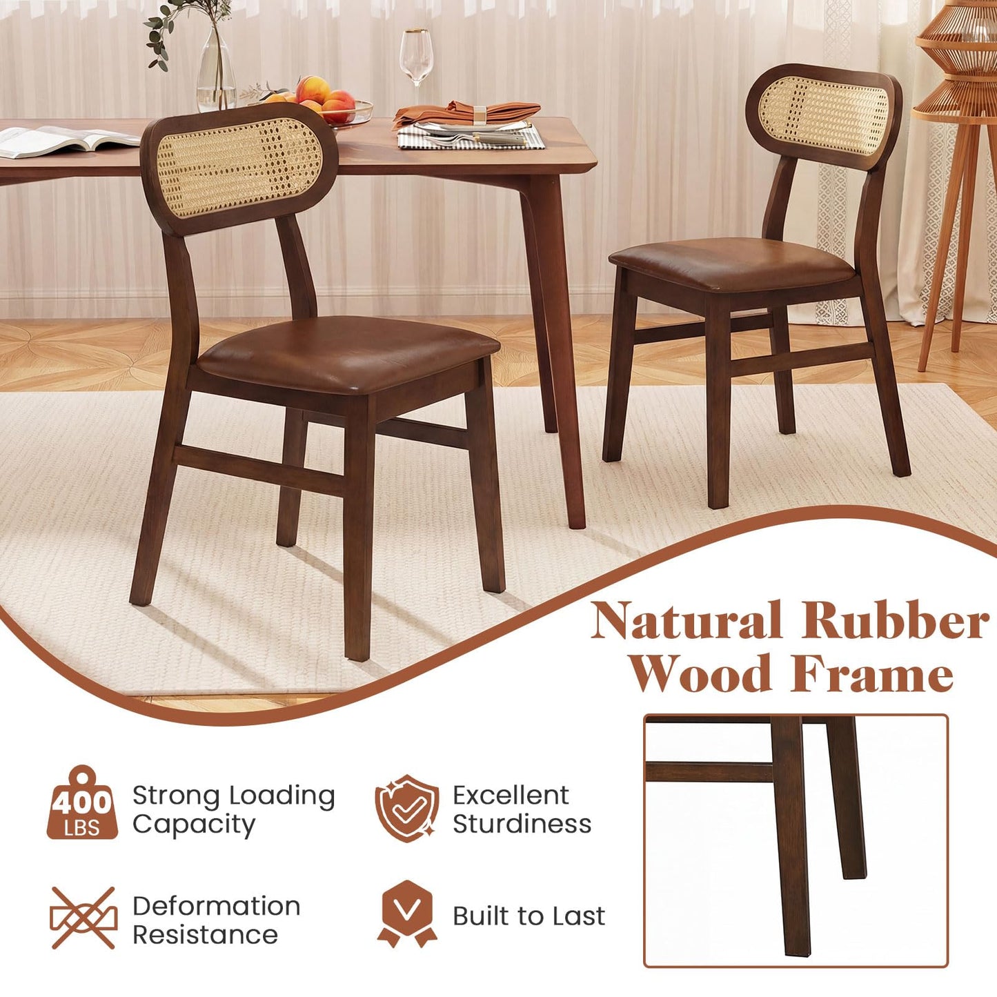 Giantex Wooden Dining Chairs Set of 2, Faux Leather Upholstered Kitchen Chairs w/Breathable Mesh Cane Backrest, Rubber Wood Frame, Padded Seat, Farmhouse Armless Side Chairs for Dining Room, Coffee