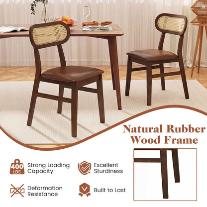 Giantex Wooden Dining Chairs Set of 2, Faux Leather Upholstered Kitchen Chairs w/Breathable Mesh Cane Backrest, Rubber Wood Frame, Padded Seat, Farmhouse Armless Side Chairs for Dining Room, Coffee