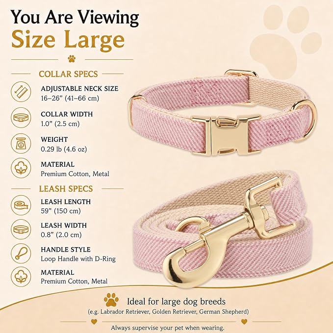 Herringbone Tweed Dog Collar and Leash Set for Large Dogs, Pink | Snag-free, no-rub design. Soft breathable cotton, gentle on fur. Adjustable durable matching combo for walks & outdoors.