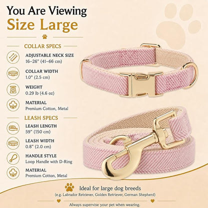 Herringbone Tweed Dog Collar and Leash Set for Large Dogs, Pink | Snag-free, no-rub design. Soft breathable cotton, gentle on fur. Adjustable durable matching combo for walks & outdoors.