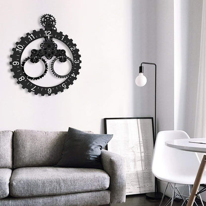 SHISEDECO Hour and Days Display Design Premium Plastic 3D Moving Large Gear Wheel Wall Clock, Perfect for Living Room, Reading-Room, Restaurant, Office Decor (B-Black)