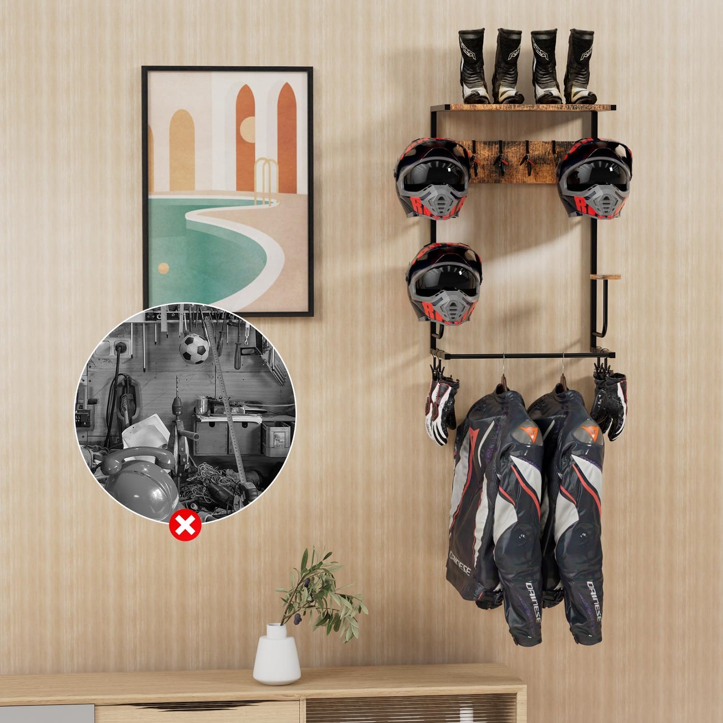 OMISRUIS Motorcycle Helmet Holder Wall-Mounted Helmet Rack with 4 Glove Chips& Hooks - Rustic Bike Helmets Storage Organizer, Universal Wall Mount for Helmets, Gear, Clothes, Accessories，Retro