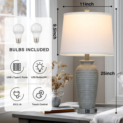 CINSARY 25" Grey Farmhouse Jar Table Lamps, 3 Way Touch Control Rustic Bedside Lamps with USB A+C Ports & AC Outlet, Pot Nightstand Lamps for Bedroom End Table (LED Bulbs Included)