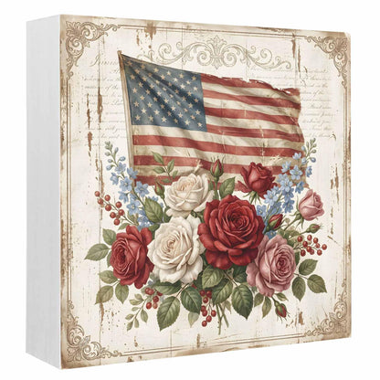 Independence Day Wood Box Sign Desk Decor, Retro American Red White Pink Rose Blue Flowers Decorative Wooden Block Box Sign Decorations for Home Office Shelf Table Decor 6x6 Inches
