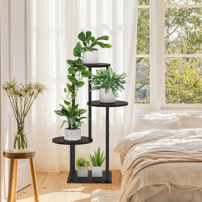 SMFANLIN 4 Tier Plant Stand Indoor, Metal Wooden Tall Plant Shelf Flower Pot Stand for Multiple Plants, Corner Flower Holder Plant Display Rack for Living Room Balcony Patio Garden (Black)