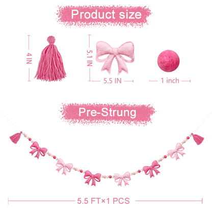 Pink Bow Decorations Pre-Strung Felt Handmade Bow Banner Wool Felt Ball Wooden Bead Bow Garland Streamer for Nursery Classroom Home Mantle Fireplace Decor Baby Shower Coquette Birthday Party Supplies