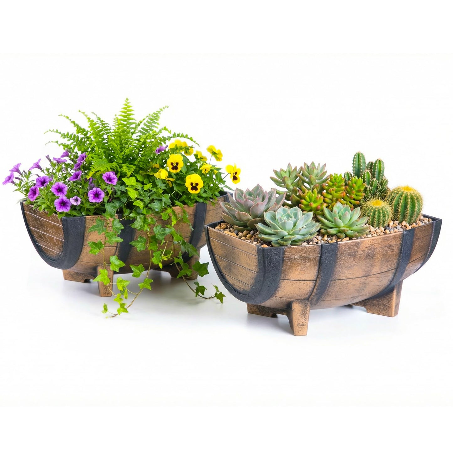 Gardenised 2-Piece Rectangular Half Barrel Flower Pots Rustic Farmhouse Style Faux Wood Planter Containers for Indoor & Outdoor Use Perfect for Displaying Decorative Garden Florals Herbs & Succulents
