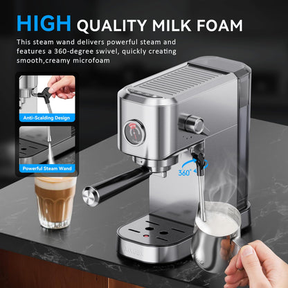 XIXUBX 20Bar Espresso Machine, Compact Espresso Maker with Milk Frother, Stainless Steel Coffee Machine for Cappuccino&Latte, 42oz Water Tank, Visible Pressure Gauge, Home&Office, Silver