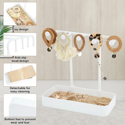 WCHOSOZH Jewelry Organizer Stand, Necklace Holder with Wooden Tray 5 Storage Hooks, Earring Holder with 5 Pcs Jewelry Bags for Bracelet,Chains,Rings,Earrings,Keys Watches,Necklaces (White)