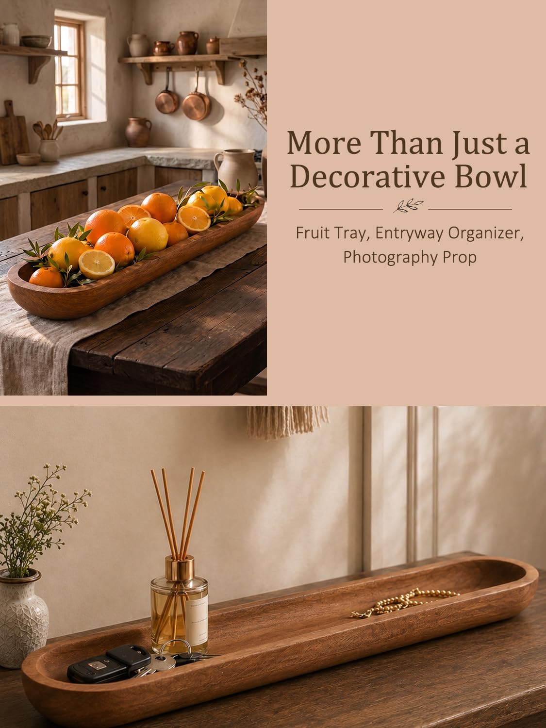 Duseu Wooden Dough Bowls for Decor Approx 29 Inch, Extra Large Long Wooden Bowl, Hand Carved Rustic Farmhouse Long Tray for Table Centerpiece, Living Room, Home Decor, Candle Bowl