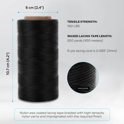 TOOLSSIDE 9-Ply Black Waxed Twine 1500 Feet/500 Yard Wax Lacing Cord Nylon (210D Polyester) - 160 LBS Tensile Strength Black Twine String for Crafts, 1-Roll