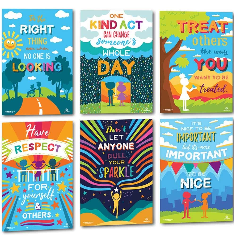 Sproutbrite 13.75” x 19.75” Kindness Educational Poster Set - 6 Motivational Posters - Classroom Wall Decor Chart for Pre, Elementary and Middle School - Promotes Kindness and Positive Social Behaviour