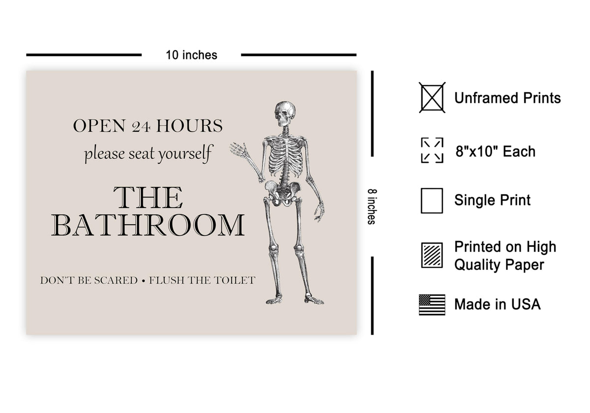 Poster Master The Bathroom Sign Poster - Don't Be Scared Print - Skeleton Art - Halloween Art - Trendy Wall Art - Funny Gothic Bathroom Decorations - Humorous Restroom Decor - 8x10 UNFRAMED Wall Art