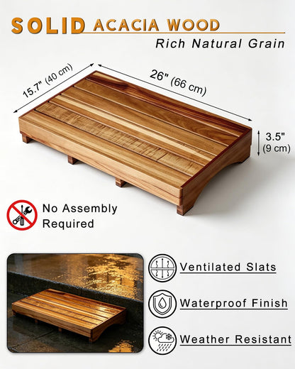 OurMiao Acacia Wood One Step Stool for Adults Elderly Kids (Size: 26" x 15.75" x 3.5"), Large Wooden Stepping Platform for Bed, Bathroom, Kitchen, Garden