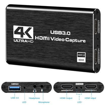 4K HDMI Capture Card for Streaming, Full HD 1080P 60FPS USB 3.0 Cam Link Game Audio Video Capture Card, Work with Camera/Nintendo Switch/Xbox/PS4/PS5/PC/OBS (Black)
