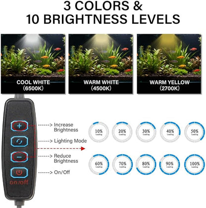 3W Fish Tank Light 3 Color Modes Clip on Aquarium Spotlight with Adjustable Focus Aquarium Focus Light with 10 Brightness Levels