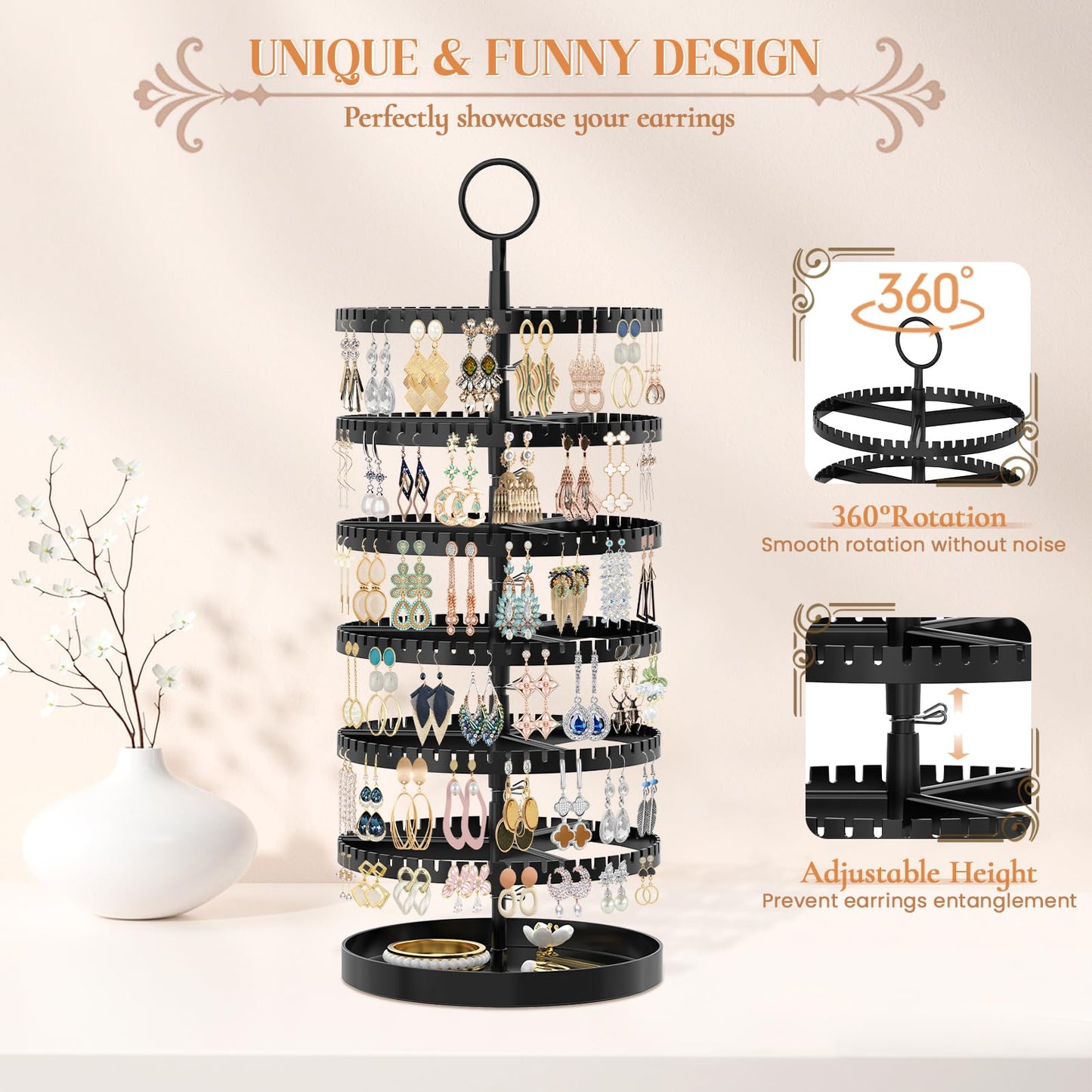 iDavosic.ly 6 Tier Rotating Earring Holder Organizer with Metal Tray, Adjustable Plastic Dangle Display Stands Tree with 342 Grooves, Large Hoop Storage Rack Tower, Black