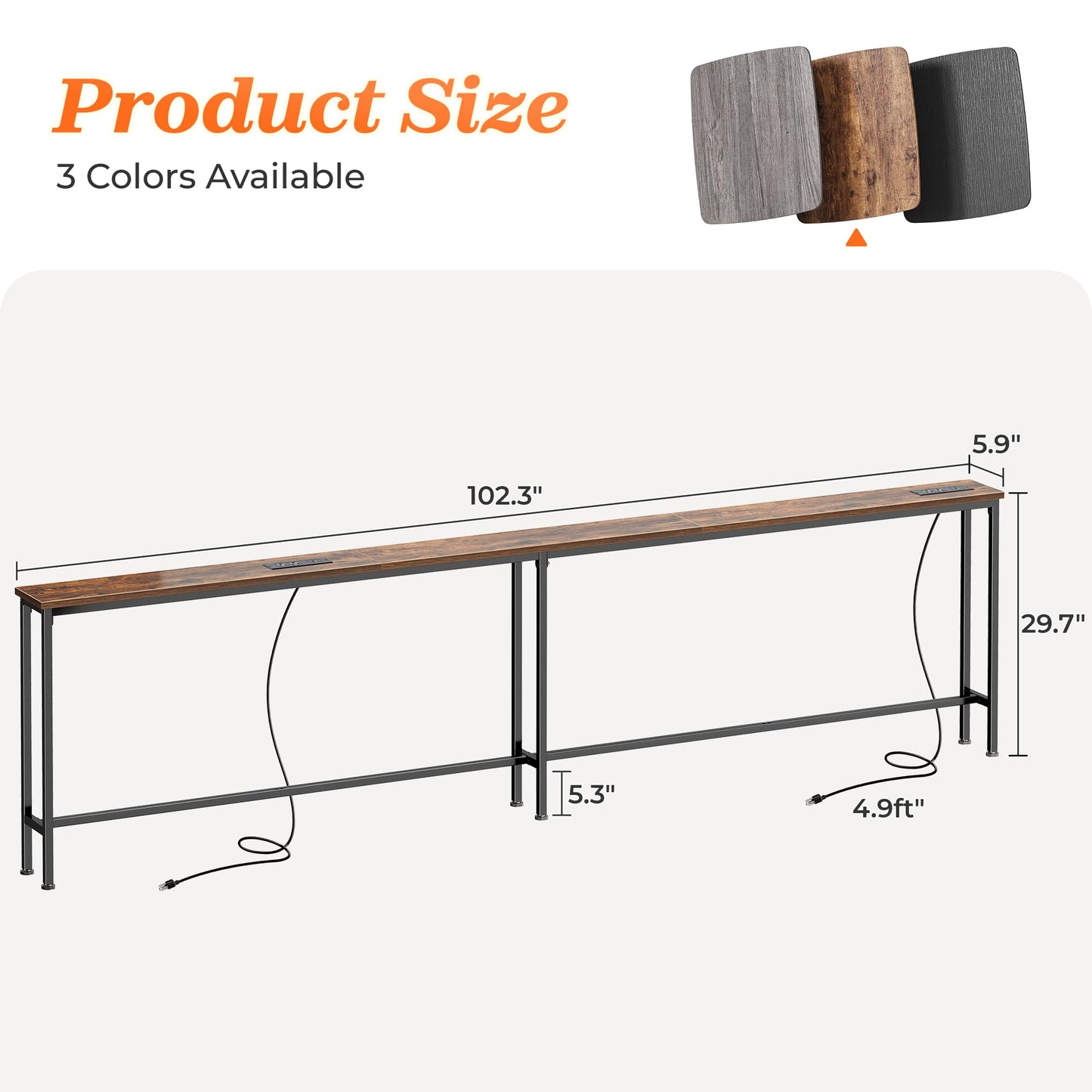 SUPERJARE 102 Inch Sofa Table with 2 Power Outlets and USB-C Ports, 5.9 Inch Narrow Console Table with Storage, Extra-Long, for Entryway Hallway Couch Behind Sofa, Small Spaces, Rustic Brown