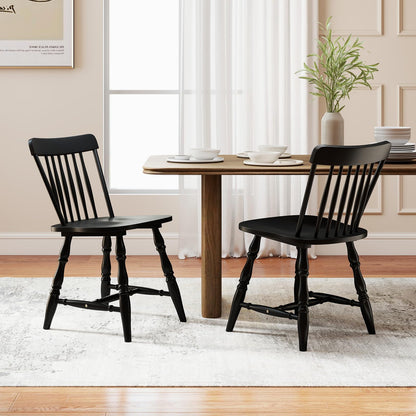 Giantex Black Windsor Dining Chairs Set of 2, Farmhouse Rubber Wood Kitchen Chairs with Turned Legs, Curved Spindle Back & Contoured Sat, Wooden Dining Room Chair for Living Room Restaurant