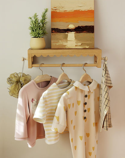 Kids' Wall Bookshelves – Set of 3 Scalloped Floating Shelves, 0.8" Thick Nursery Book Shelves with Wooden Hooks, Perfect for Boys & Girls – Decorative Wall Organizer for Toys, Photos & Decor, Brown