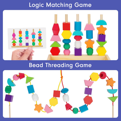 TooyBing Montessori Wooden Lacing Beads Toys for 3 4 Year Old Toddler Kids, Sequencing & Stacking Block Toy with Storage Box, STEM Preschool Learning Toys, Christmas Birthday Gifts for Boys Girls