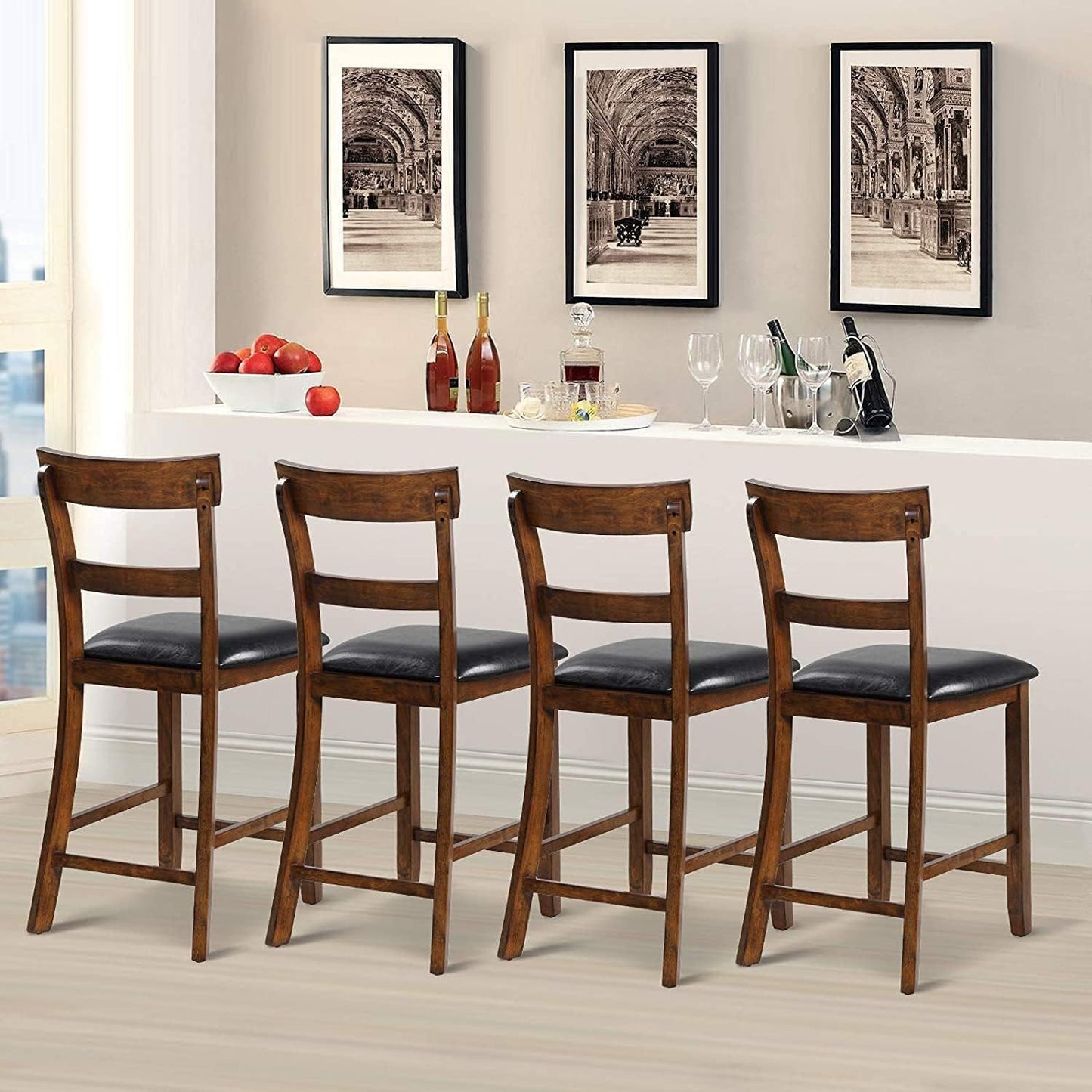 NAFORT Counter Height Bar Stools Set of 4, Farmhouse 25.5” Wood High Dining Chairs, Counter Stools with Back for Kitchen Restaurant Bar, Rubberwood Legs & Black PU Leather Cushion