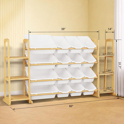 Etitlly Kids Toy Storage Organizer with Bookshelf – Wooden Shelf with 16 Bins & 6 Shelves, Quick Assembly Storage Rack for Playroom, Bedroom, Nursery - White