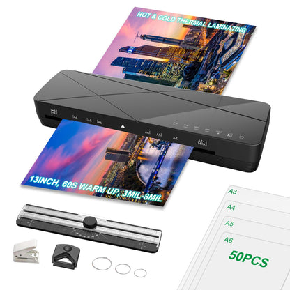 A3 Laminator Machine 13 Inch Thermal Cold 10-in-1 Auto Feed Laminator with 50 Sheets, Paper Trimmer, Corner Rounder, Fast Warm Up Jam-Proof for Home Office School Documents Photos (Black)