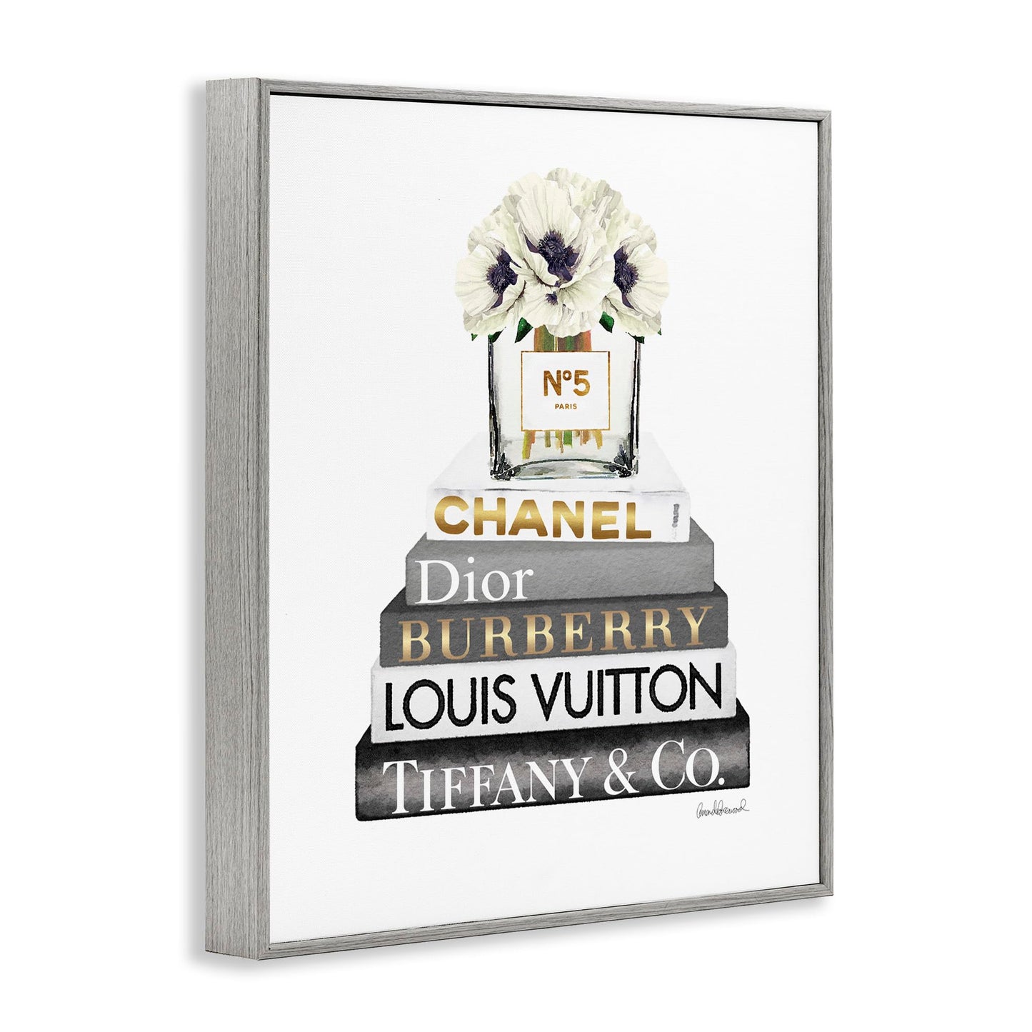 Stupell Industries Blooming White Floral Display on Glam Designer Bookstack Wall Art, 11 x 14, Black Framed
