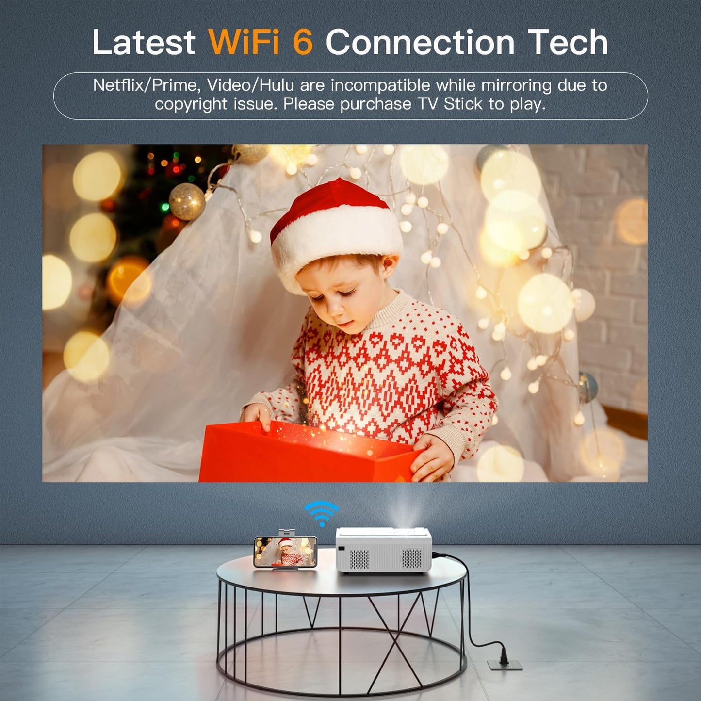 Electric Keystone Projector, VOPLLS Projector with WiFi and Bluetooth, Native 1080P Outdoor Home Theater Movie Projector, 50％Zoom, Compatible with HDMl, USB, AV, Smartphone/Tablet/Laptop (20000L)