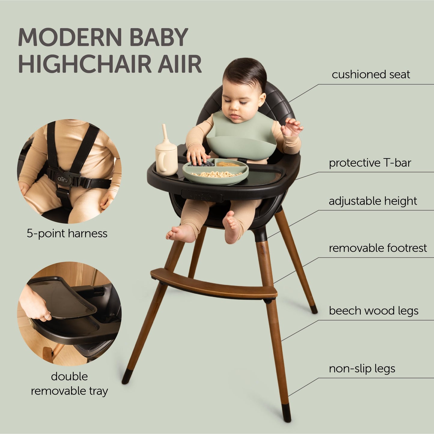 Convertible High Chair for Babies, Toddlers, Kids & Children - Wooden Highchair with Adjustable Height & Dishwasher Safe Tray - Wood Feeding & Dining Chair - Converts to Booster Seat (Black)