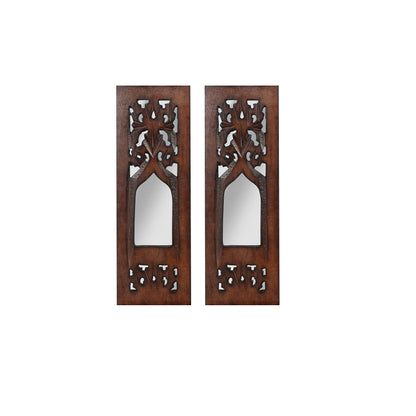 The Wooden Town Wall Hanging Plaques Wall Décor Jharokha With Mirror, Elegant Sculpture Wall Décor Panel to Enhance the Décor of Your Room or Office - 12x4 Inch - Burnt Set of 2