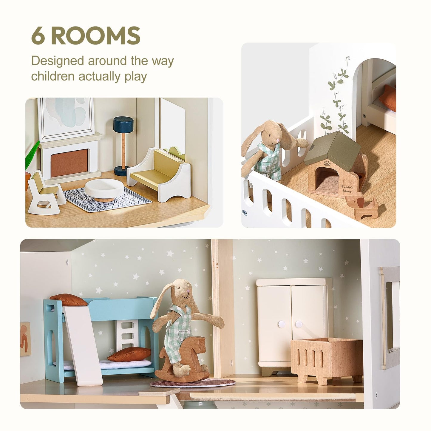 Giant bean Modern Wooden Dollhouse with Lights & 37PCS Furniture Set – Nordic Style 3-Story Playhouse for Kids Age 3+, Natural Wood Montessori Doll House with Realistic Rooms, Gift for Girls & Boys