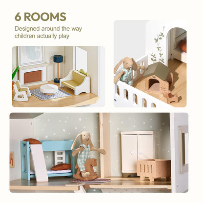 Giant bean Modern Wooden Dollhouse with Lights & 37PCS Furniture Set – Nordic Style 3-Story Playhouse for Kids Age 3+, Natural Wood Montessori Doll House with Realistic Rooms, Gift for Girls & Boys