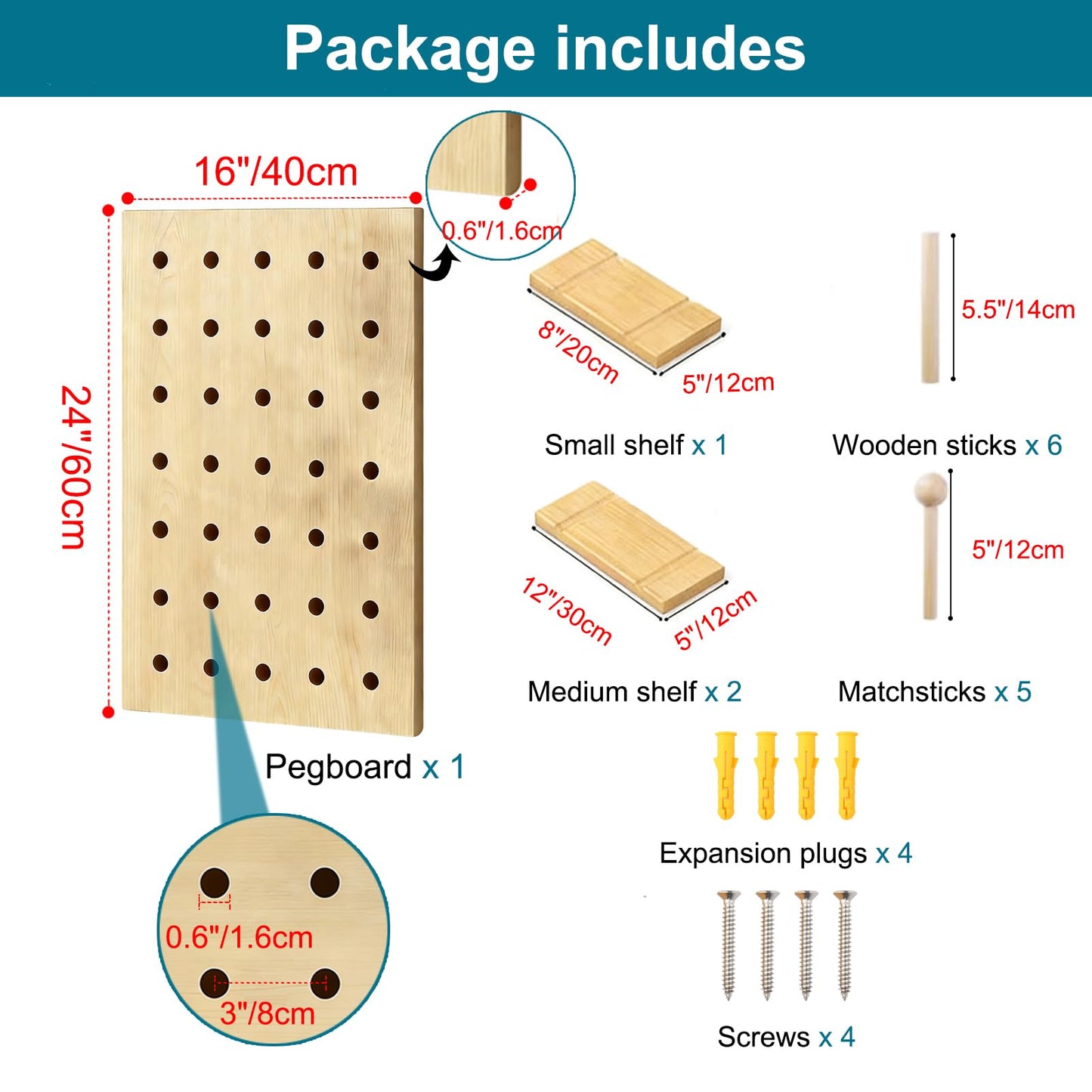 HJZALMI Wood Pegboard Wall Organizer, 40x60cm/15.7"x23.6", Beige