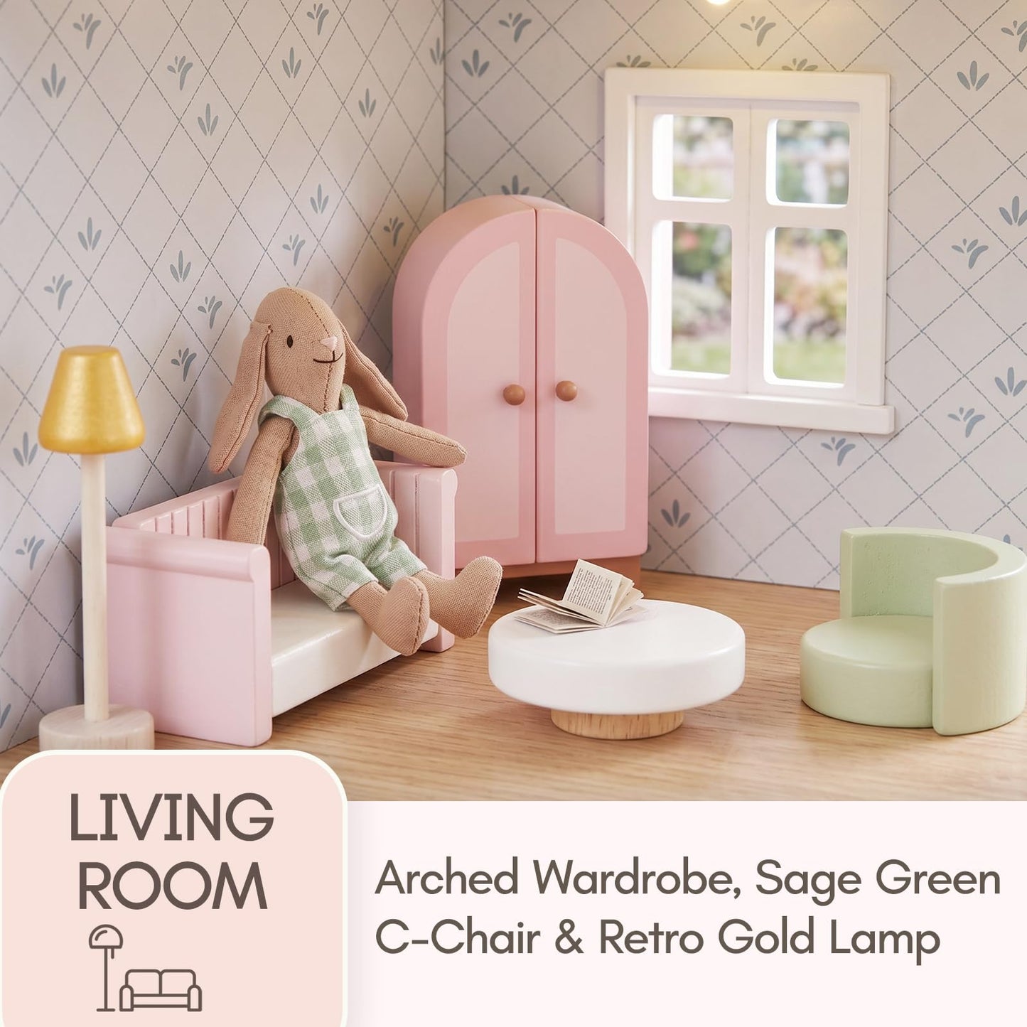 Giant bean 33PCS Wooden Dollhouse Furniture Set for Kids, Modern Pink Doll House Furniture Accessories with Bedroom, Nursery, Kitchen, Bathroom,Living Room, Montessori Pretend Play Toys for Girls 3+