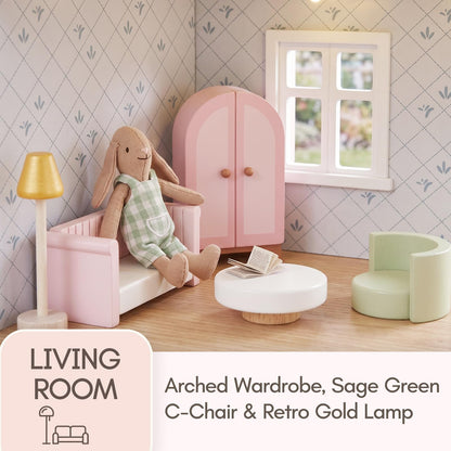 Giant bean 33PCS Wooden Dollhouse Furniture Set for Kids, Modern Pink Doll House Furniture Accessories with Bedroom, Nursery, Kitchen, Bathroom,Living Room, Montessori Pretend Play Toys for Girls 3+