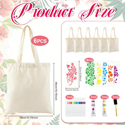 Cinrobiye 6 Pack DIY Canvas Tote Bag Craft Kit with Painting Supplies, Blank Cotton Reusable Bags for Floral Painting, Handmade Gifts, Mother’s Day, Teacher Appreciation, Party Craft Activities