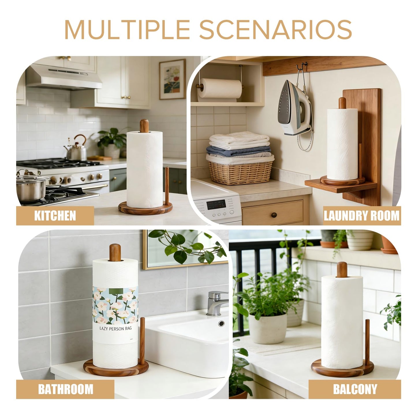 Onedeful Paper Towel Holder Countertop, Acacia Wood Kitchen Roll Holder with Anti-Slip Weighted Base, Paper Towel Stand for Kitchen Bathroom Dining Table Organize